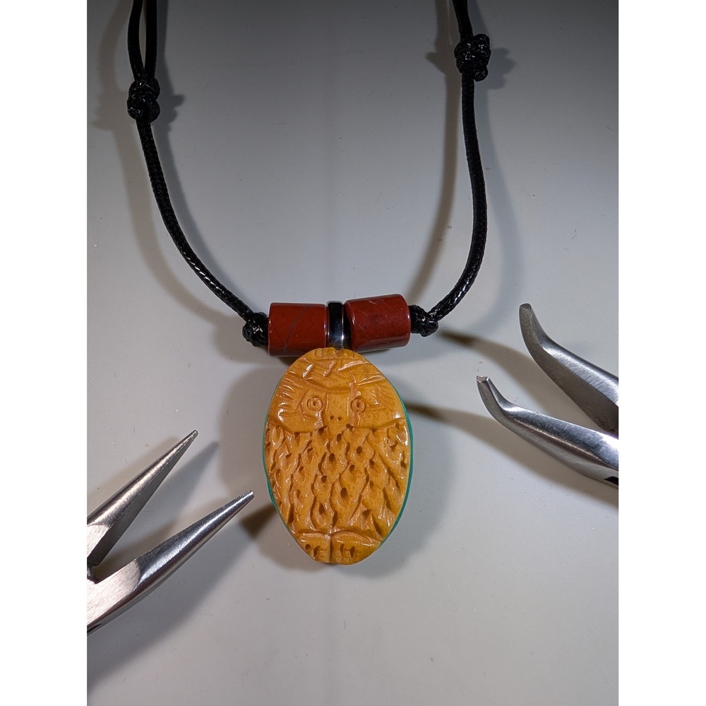 Hand Carved Owl Pendant Necklace Adjustable Black Cord Red Beads Boho Jewelry